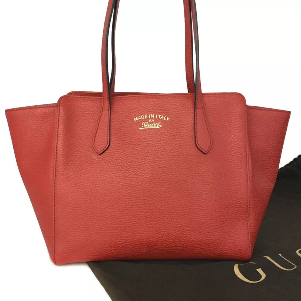 GUCCI Swing Logo Red Leather Shoulder Tote Bag